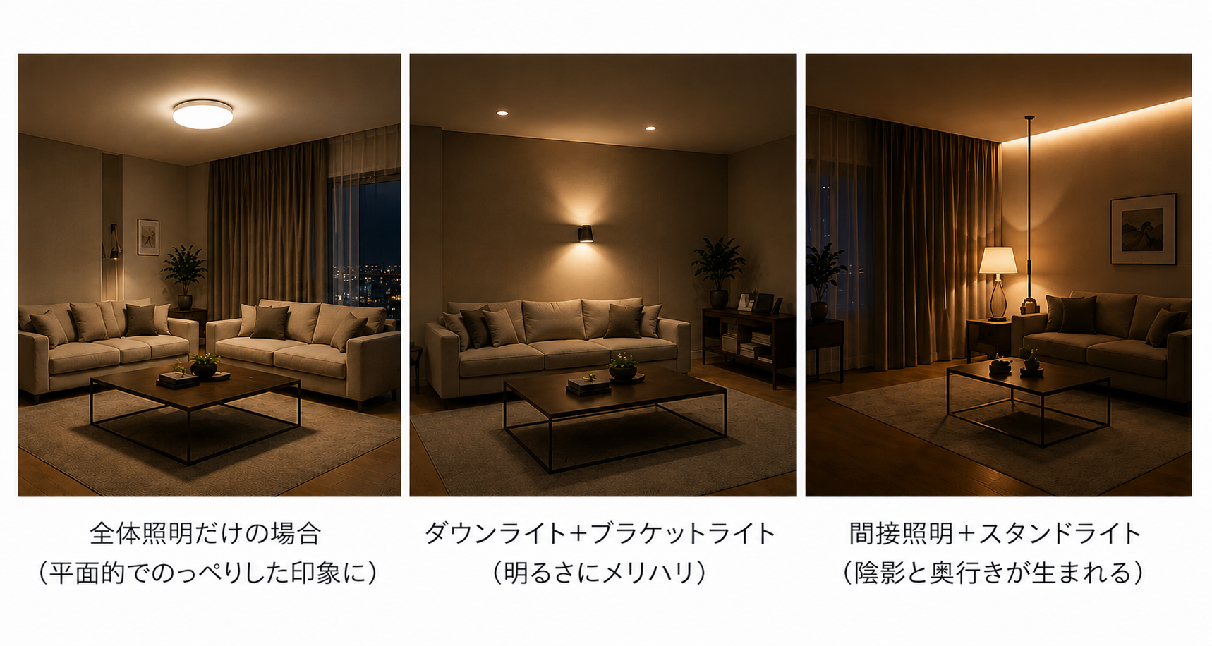 全体照明とダウンライト・ブラケットライト・間接照明を比較した夜のリビング