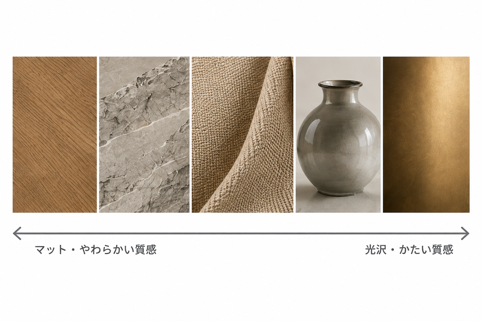 木・石・ファブリック・陶器・金属の素材と質感を比較したイメージ